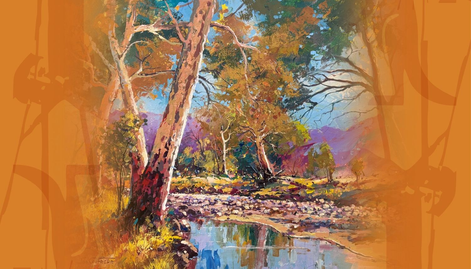 A landscape painting showing a river and gum trees with an orange border